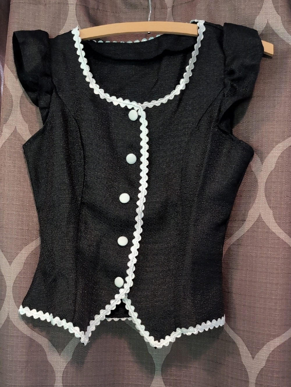 Black Ruffle Sleeve Buttoned Top with White Trim XS